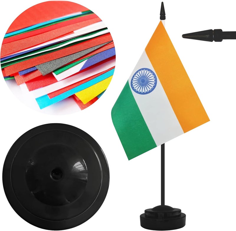 Yamiuo 2 Pack India Desk Flag Set, Indian Desktop Small Miniature Table Office Flag with 12" Black Pole and Black Base, Offices, Classroom, Home, Festival Decoration (India) - Image 3